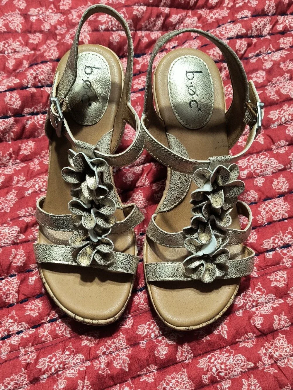 b.o.c. Metallic Gold Floral Cork Wedge Sandals